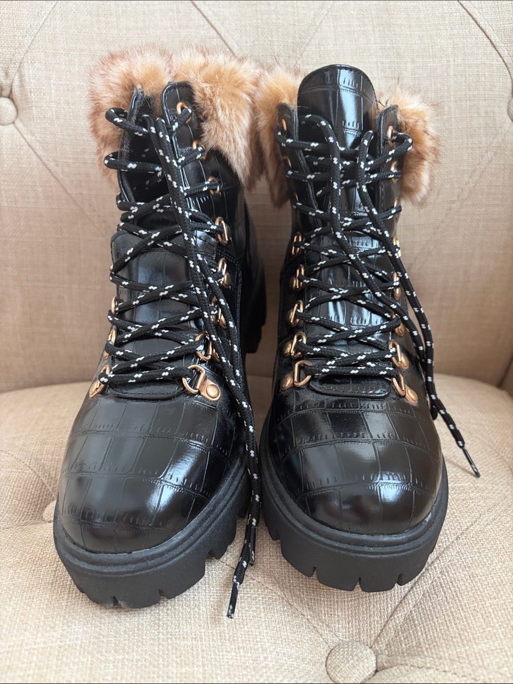 BAMBOO Black Croc-Embossed Lace-Up Lug Boot with Faux Fur Cuff